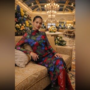 🌟RARE🌟Anthropologie NWT Farm Rio Long-Sleeve Mock- Neck Mesh Slim Midi Dress S